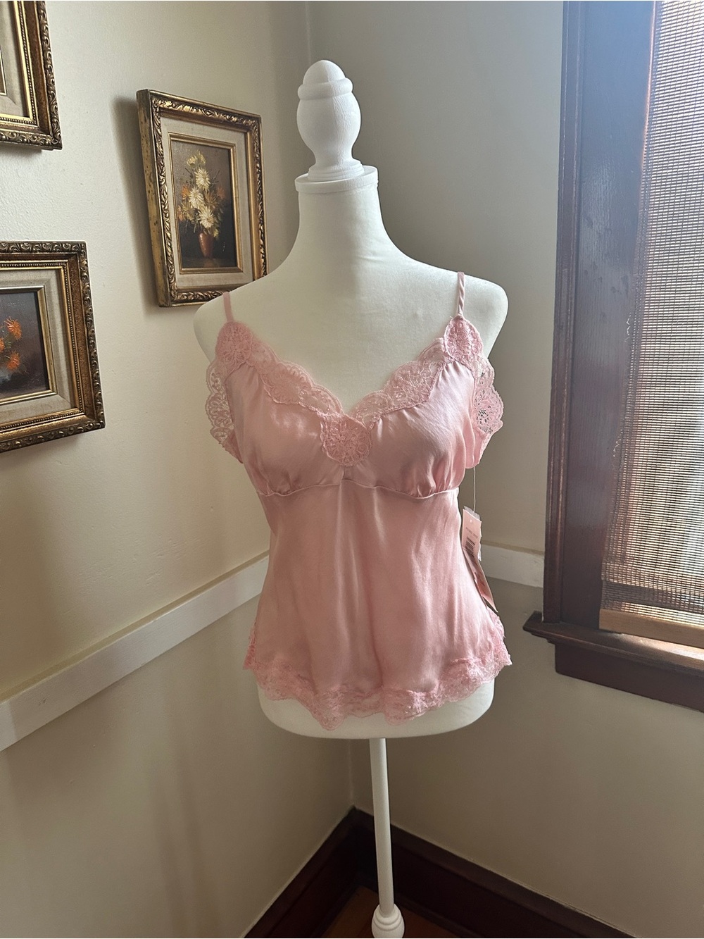 Allison Taylor Pink 100% Silk w/Lace-Trim Camisole S